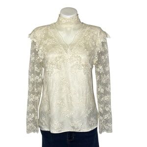 Vintage Lace Top Nicola High Collar Pearl Buttons Long Sleeve Off White Size 10